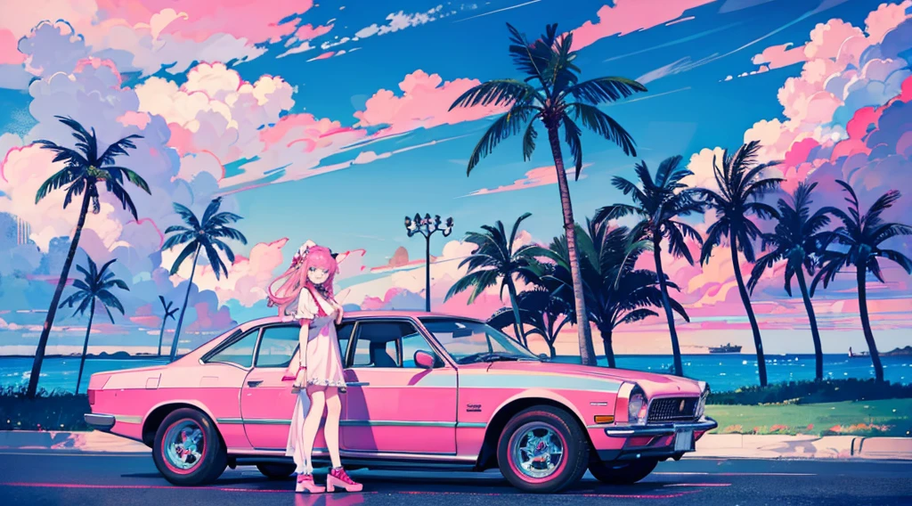seaside, pink sky, palm tree, blue classic car, blue and pink neon