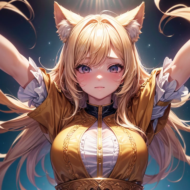  (Official art、Best Quality、Unity 8k Wallpapers、32K、masterpiece、ultra-detailliert、超A high resolution、The best illustrations、Very ridiculous:1.2), Goldie, dog ear, blonde hair, long hair, blush face, 23year old female, background bed, (Cinematic lighting:1.2)