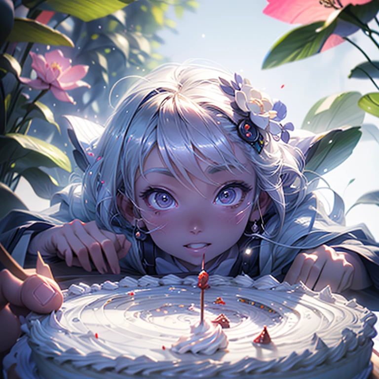 birthday、a cake、micro photography, depth of fields, Ray tracing, bloom, Fujicolor, Anime, Bokeh, nffsw, masutepiece, Super Detail, hight resolution, Best Quality