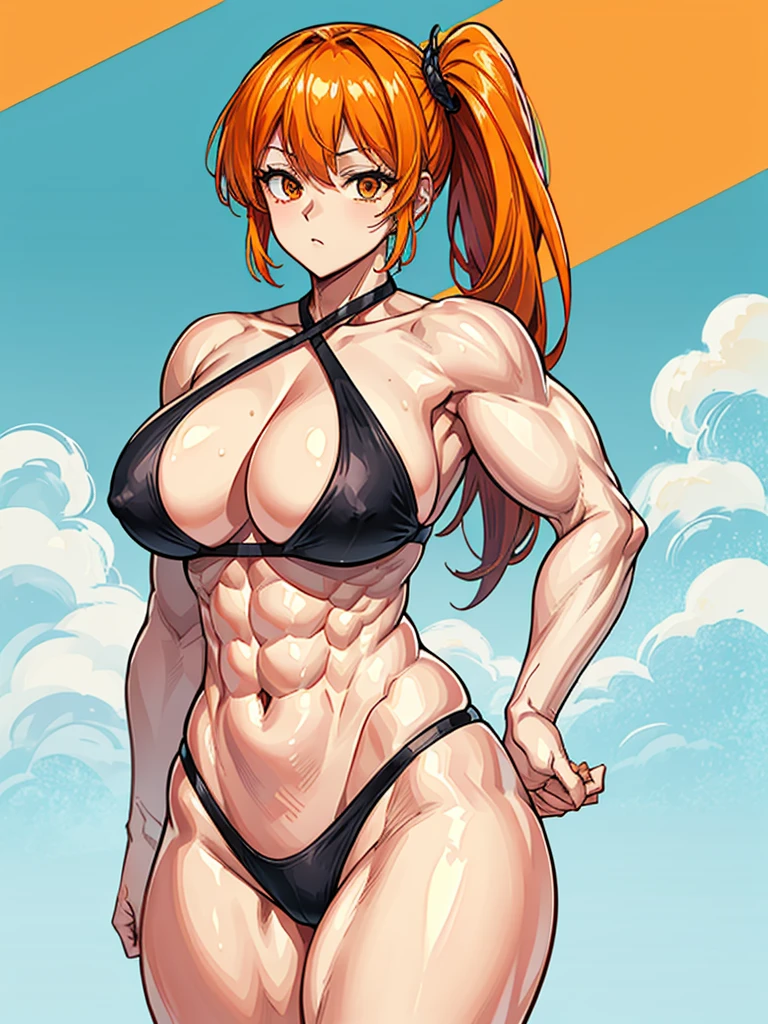 (((masterpiece、Highest image quality、highest quality、highly detailed unity 8kwallpaper)))、((Illustration of one girl))、(((beautiful girl)))、((orange hair、side ponytail、sidelocks:1.2、orange eyes))、((stocky build, thickset physique:1.3, muscular legs, broad shoulders, solid chest)))、swimsuit、sandy beach