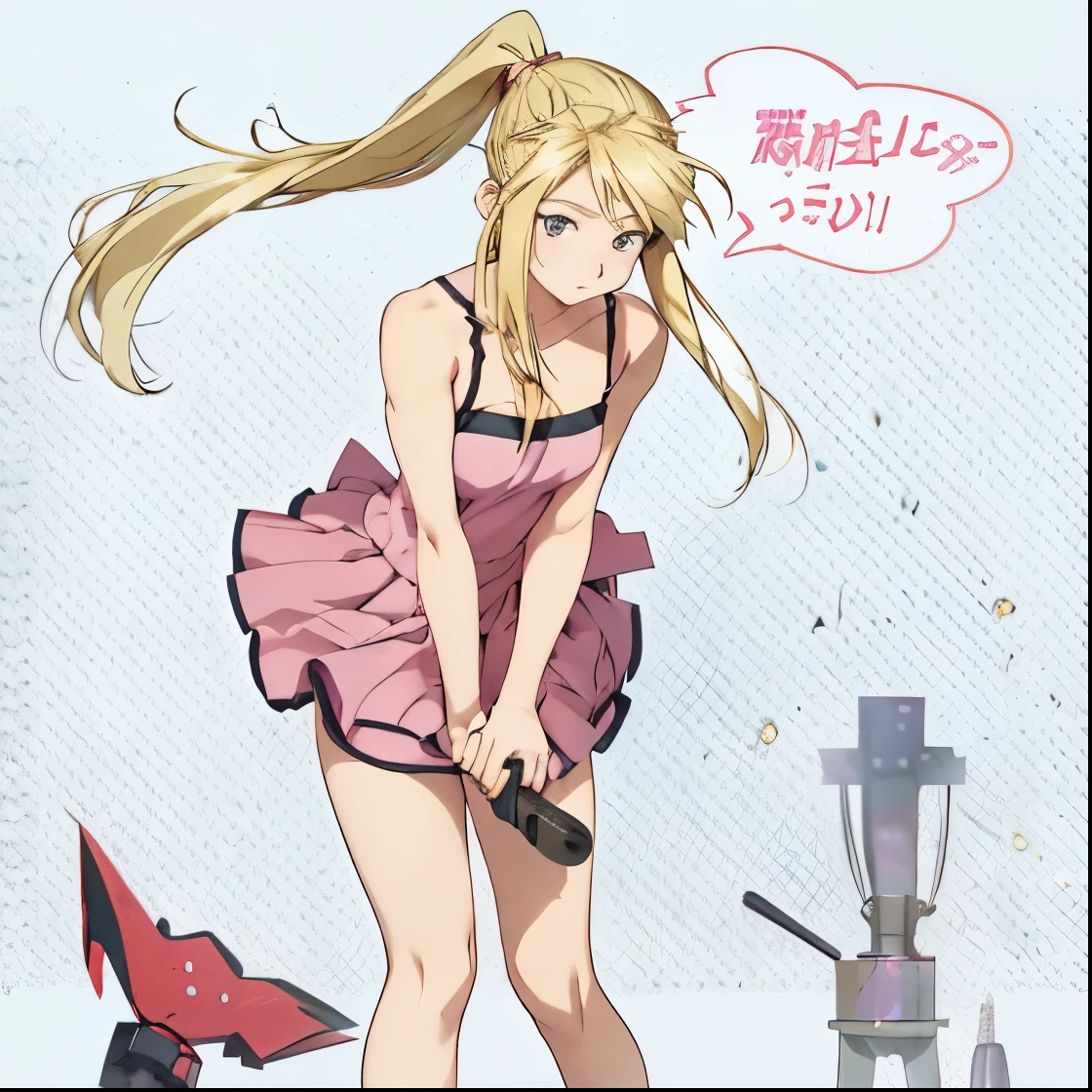 anime girl in a pink dress with a man in a suit, in dress, at pixiv, ecchi anime style, ( ( misa amane # ) ), in ryuuou no oshigoto art style, full_body!!, rei hiroe, inspired by Hiromu Arakawa, anime!!!!!!!!!!!!!!!, anime style”, pixiv,Winry Rockbell,Winry Rockbell, the heroine in Fullmetal Alchemist,Long-haired girl,Blonde girl,blacksmith worker,Tie-up a headscarf,figure,Welding work clothes,金色Long-haired girl,Winry Rockbell,Tied ponytail,金色头发Tied ponytail,Blonde ponytail for long hair