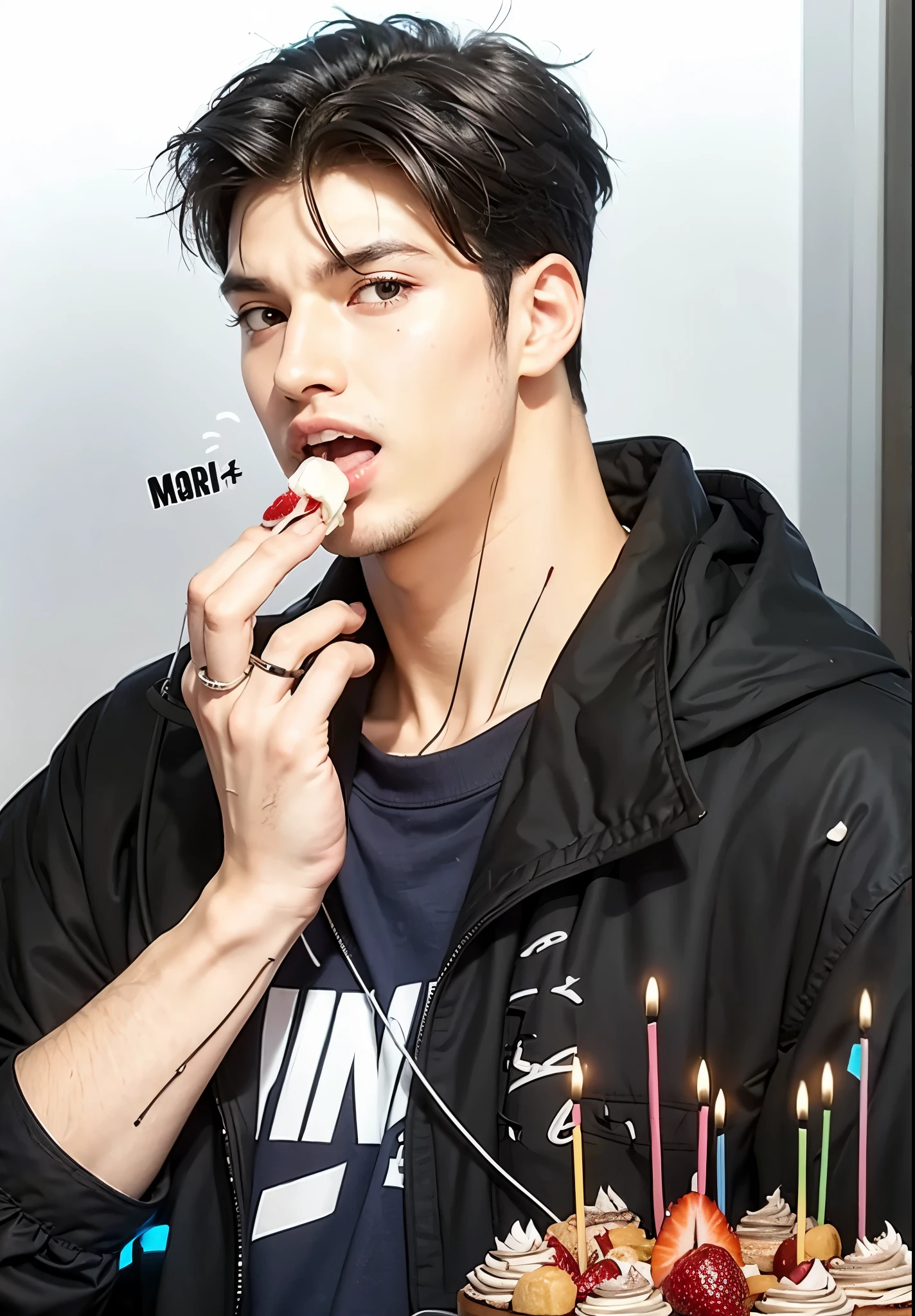 man, black hair, black jacket with dark blur shirt,strawberry  cake