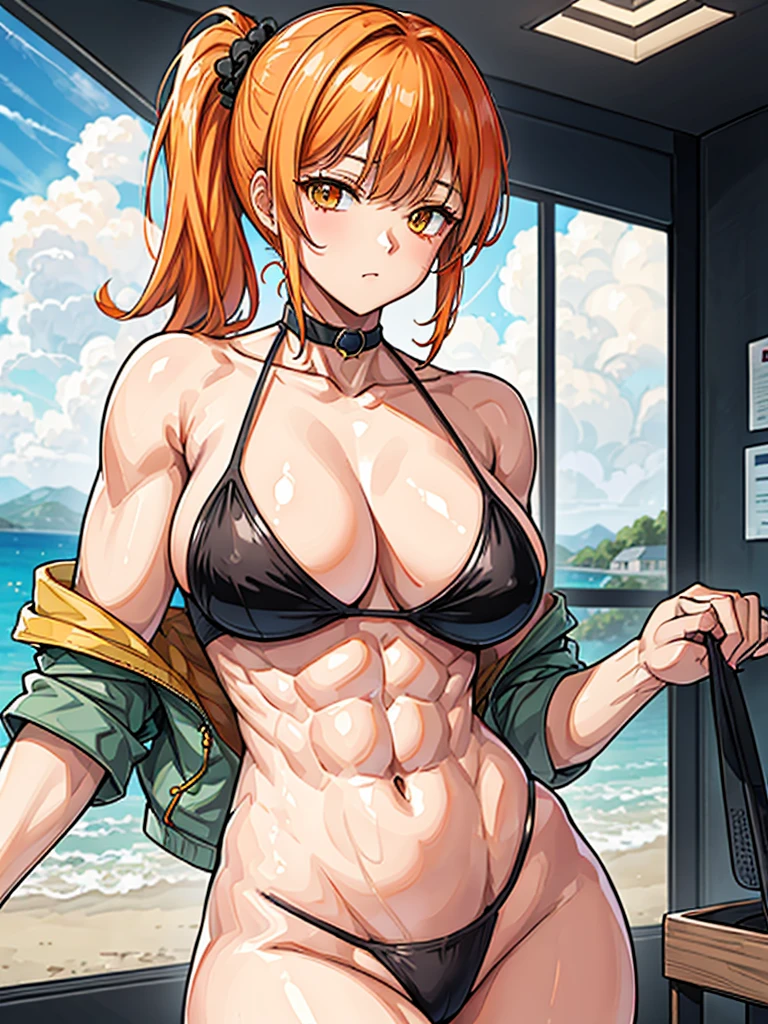 （（（masterpiece、Highest image quality、highest quality、highly detailed unity 8ｋwallpaper）））、（（Illustration of one girl））、（（（beautiful girl）））、（（orange hair、side ponytail、sidelocks：1.2、orange eyes））、（（stocky build, thickset physique：1.3, muscular legs, broad shoulders, solid chest）））、swimsuit、sandy beach