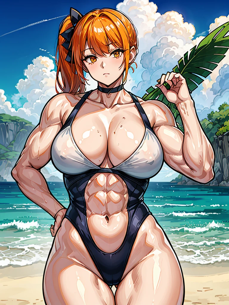 (((masterpiece、Highest image quality、highest quality、highly detailed unity 8kwallpaper)))、((Illustration of one girl))、(((beautiful girl)))、((orange hair、side ponytail、sidelocks:1.2、orange eyes))、((stocky build, thickset physique:1.3, muscular legs, broad shoulders, solid chest)))、swimsuit、sandy beach