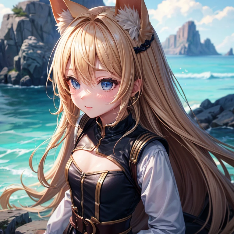 (Official art、Best Quality、Unity 8k Wallpapers、32K、masterpiece、ultra-detailliert、超A high resolution、The best illustrations、Very ridiculous:1.2), Goldie, dog ear, blonde hair, long hair, blush face, 23year old female, background romantic, (Cinematic lighting:1.2)