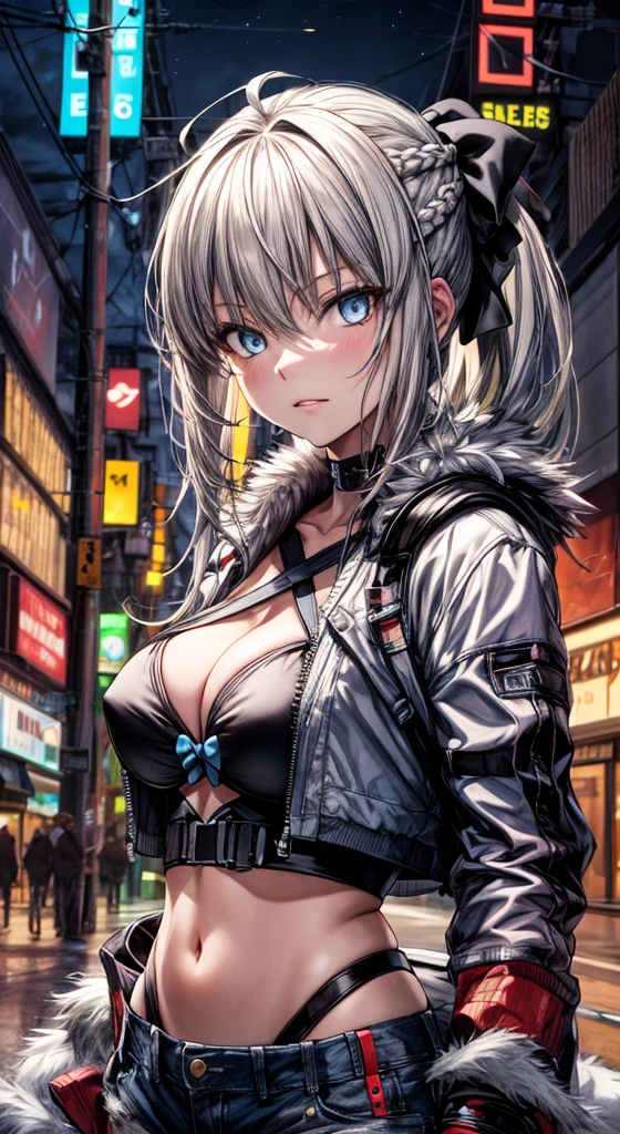 (Enrich the picture,Masterpiece level quality)Beautiful 8K CG artwork,1girl,solo,morgan le fay (fate),detailed face, perfect face, perfect eyes,blue eyes,Long Hair, pony tail,Very long hair, big boob, black bow,Hair Bow, thighs,side locks, French braid, grey hair,chuckle,Slim and soft,big breasts,cleavage,Black Bikini,denim short shorts,open shorts,white fur jacket,white jacket,outdoors, night, neon lights,cyber punk,