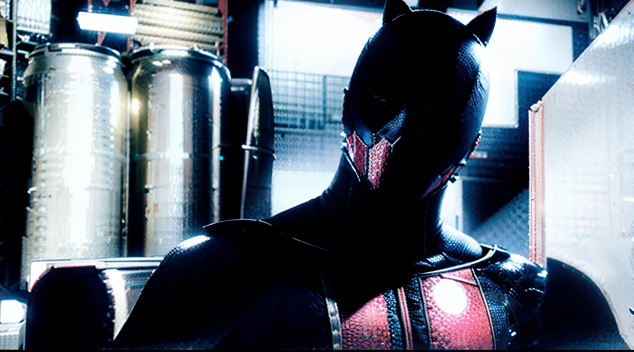 3d, personality: [Zoom in on Deadpool standing alone in the center of the warehouse, surrounded by the X-Men team. Deadpool's facial expression should exude confidence and a twisted grin. His body language should convey an air of defiance and excitement as he prepares for the upcoming battle]unreal engine, hyper real --q 2 --v 5.2 --ar 16:9