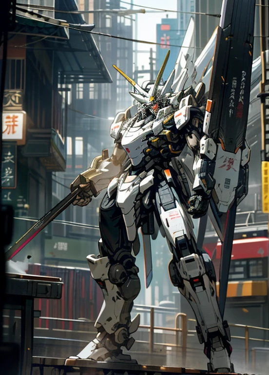 Taking the character Yin as the main body,Keep the weapon, Not human, luminescent, ,robot, architecture, luminescent眼睛, Mecha, City, actual,Mecha