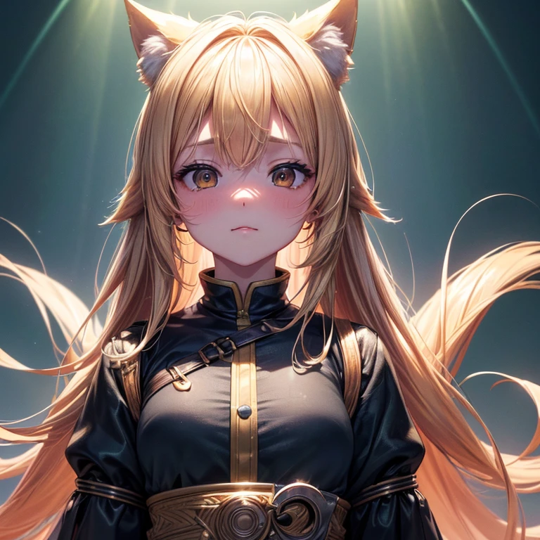 (Official art、Best Quality、Unity 8k Wallpapers、32K、masterpiece、ultra-detailliert、超A high resolution、The best illustrations、Very ridiculous:1.2), Goldie, dog ear, blonde hair, long hair, blush face, 23year old female, background beautiful, (Cinematic lighting:1.2)