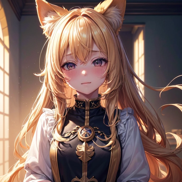 (Official art、Best Quality、Unity 8k Wallpapers、32K、masterpiece、ultra-detailliert、超A high resolution、The best illustrations、Very ridiculous:1.2), Goldie, dog ear, blonde hair, long hair, blush face, 23year old female, background beautiful, (Cinematic lighting:1.2)
