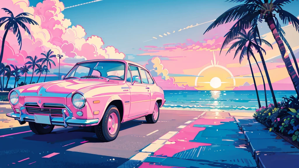 seaside, pink sky, palm tree, blue classic car, blue and pink neon