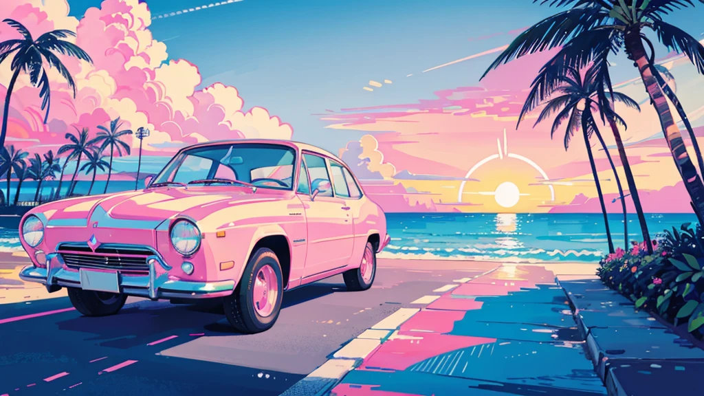 seaside, pink sky, palm tree, blue classic car, blue and pink neon