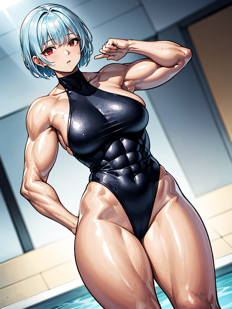 （（（masterpiece、Highest image quality、highest quality、highly detailed unity 8ｋwallpaper）））、（（Illustration of one girl））、（（（beautiful girl）））、（（light blue hair、short hair、red eyes））、（（（tall、stocky build, thickset physique, muscular legs, broad shoulders, solid chest：1.3）））、swimsuit、Poolside
