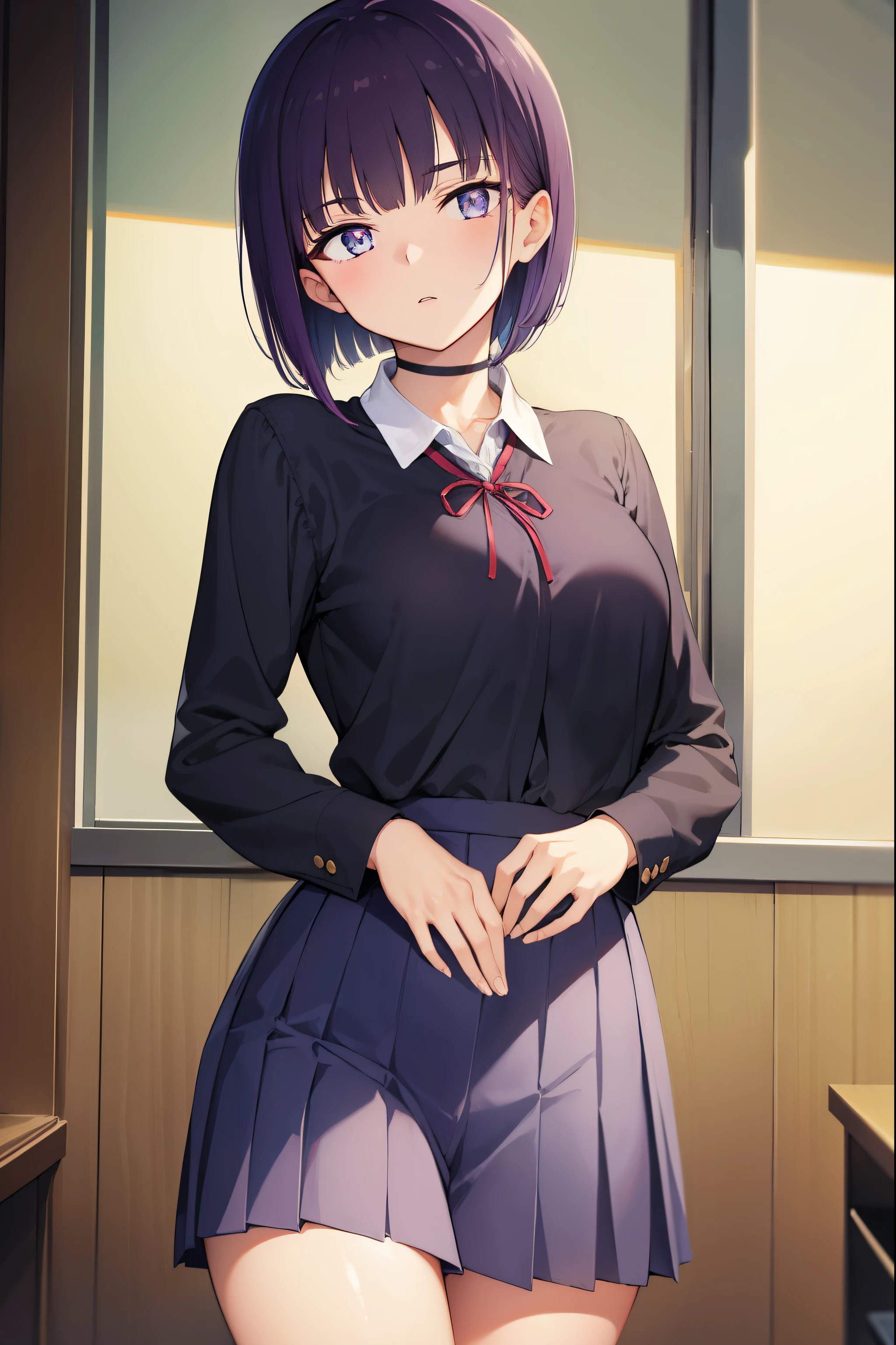 miyabisenpai, miyabi senpai, short hair, bangs, purple hair, (purple eyes:1.1),
BREAK skirt, shirt, long sleeves, ribbon, school uniform, pleated skirt, choker, collared shirt, neck ribbon, black choker,
BREAK indoors, classroom,
BREAK looking at viewer, (cowboy shot:1.5),
BREAK (masterpiece:1.2), best quality, high resolution, unity 8k wallpaper, (illustration:0.8), (beautiful detailed eyes:1.6), extremely detailed face, perfect lighting, extremely detailed CG, (perfect hands, perfect anatomy),