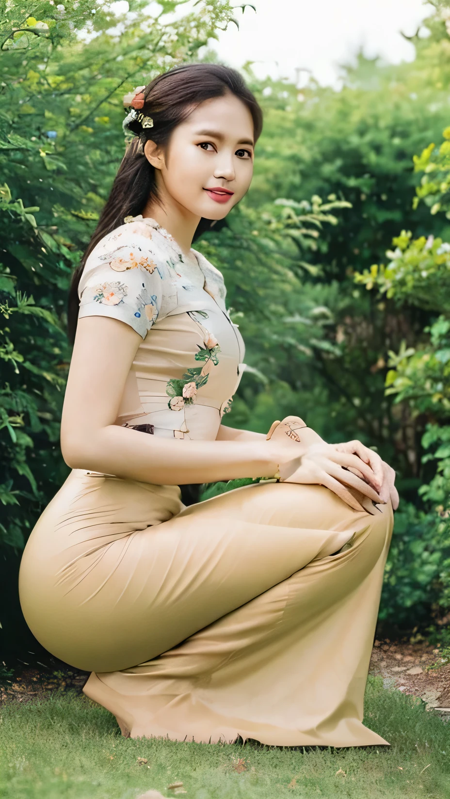 Highly detailed illustration, best quality, masterpiece, 1 girl, long hair, kneeling and looking at the viewer, sunlight, life like texture, acmm ss outfit, wearing acmm top, light purple acmm top, short sleeves, buttons, wearing acmm long skirt, white and pink with printed acmm long skirt, printed skirt, garden background