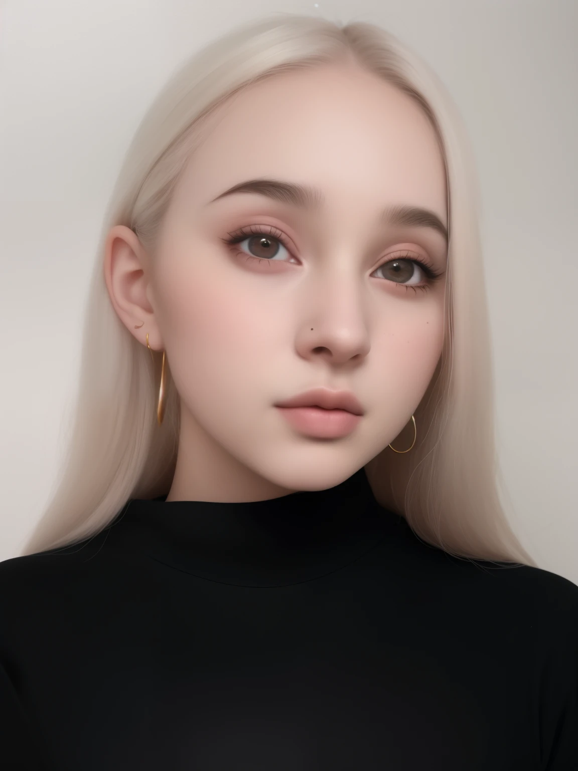 mulher loira com cabelos sardentos e blusa preta com gola alta, retrato de Kim Petras, parece uma mistura de sujeira, she parece uma mistura de sujeira, pale and glowing skin, parece uma mistura de sujeira, pale round face, with pale skin, 🤤 retrato de , retrato de alta qualidade, parecendo uma mistura de sujeira, cabelo claro, pele branca muito, very pale