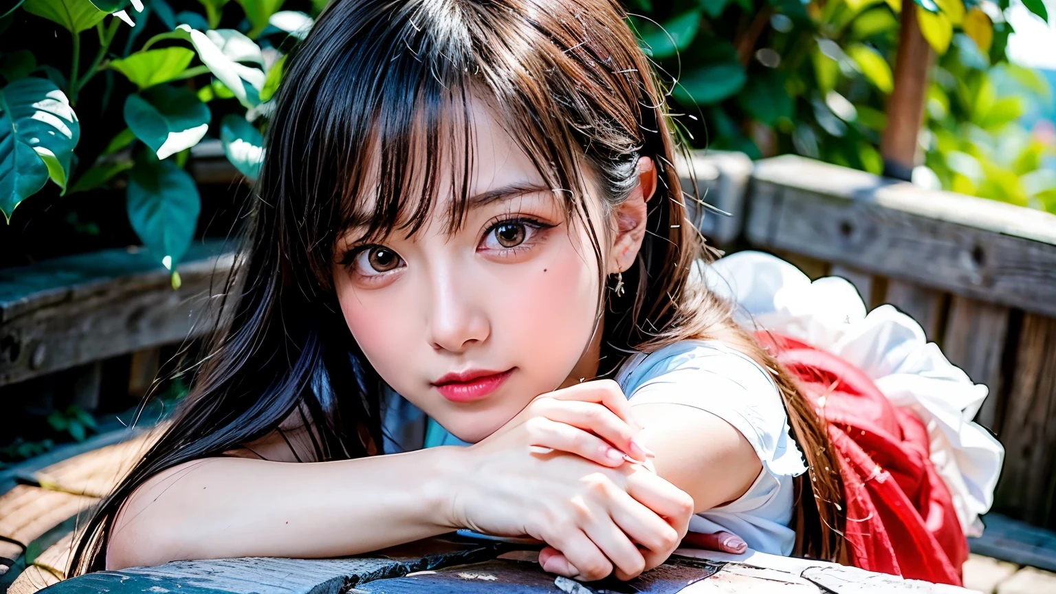 ((Best Quality, 8k, Masterpiece: 1.3)), Sharp Focus, High Quality, High Resolution, Portrait, Solo, beautiful face， 1girll， Longhair , extremely detailed eyes and face, beautiful detailed eyes,light on face,cinematic lighting,1girl,looking at viewer,outdoors, ao dai , showing behind thin ao dai, v sha pe face , life like texture, acmm ss outfit, wearing acmm top , white acmm top,short sleeves,wea ring acmm long skirt , bright orange acmm long skirt, printed skirt 