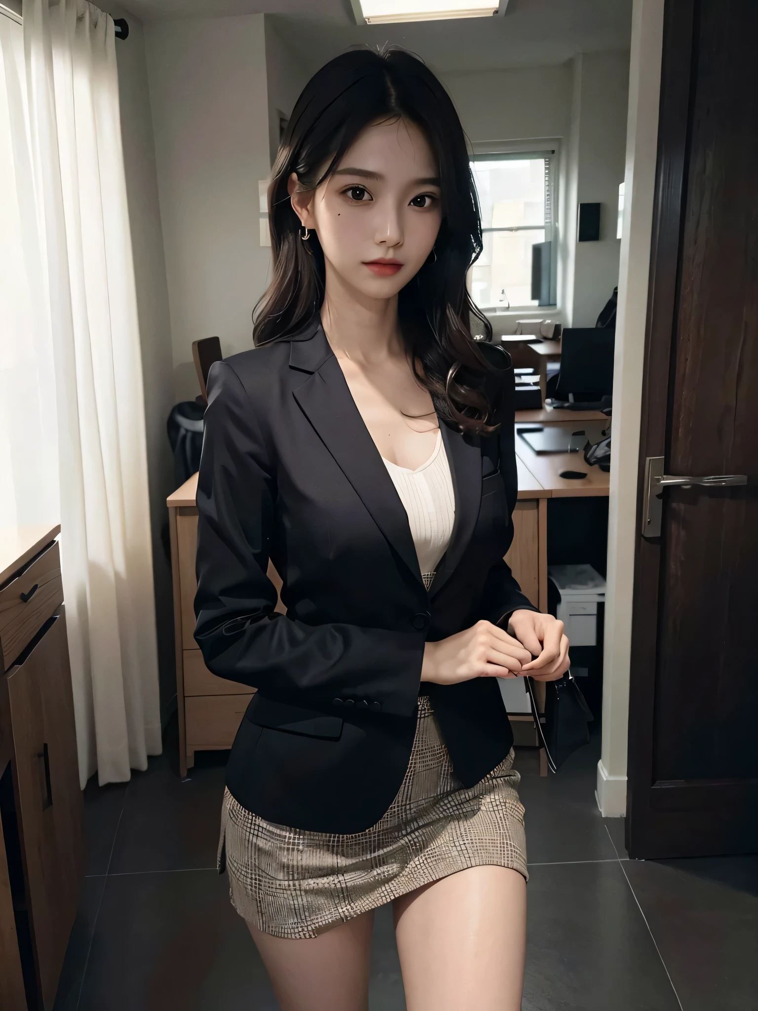 disorganized, RAW photo, very delicate and beautiful, masterpiece, highest quality, ultra high resolution, 16k, surreal, super detailed, perfect anatomy, super dense skin, perfect figure, Highly detailed CG 8k wallpaper, 20&#39;s, very slim body, tight waist, very small head, very small face, delicate features, tearful mole, mole on chest, earrings, thin legs, ((very huge round breasts)), ((full body shot)), short middle hair, wavy hair, ((office suit)), blazer, blouse, skirt,