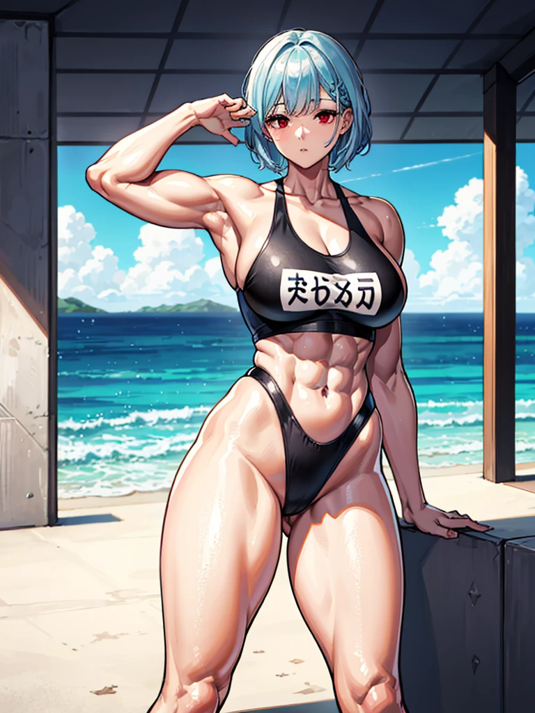 （（（masterpiece、Highest image quality、highest quality、highly detailed unity 8ｋwallpaper）））、（（Illustration of one girl））、（（（beautiful girl）））、（（light blue hair、short hair、red eyes））、（（（tall、stocky build, thickset physique, muscular legs, broad shoulders, solid chest：1.3）））、swimsuit、Poolside
