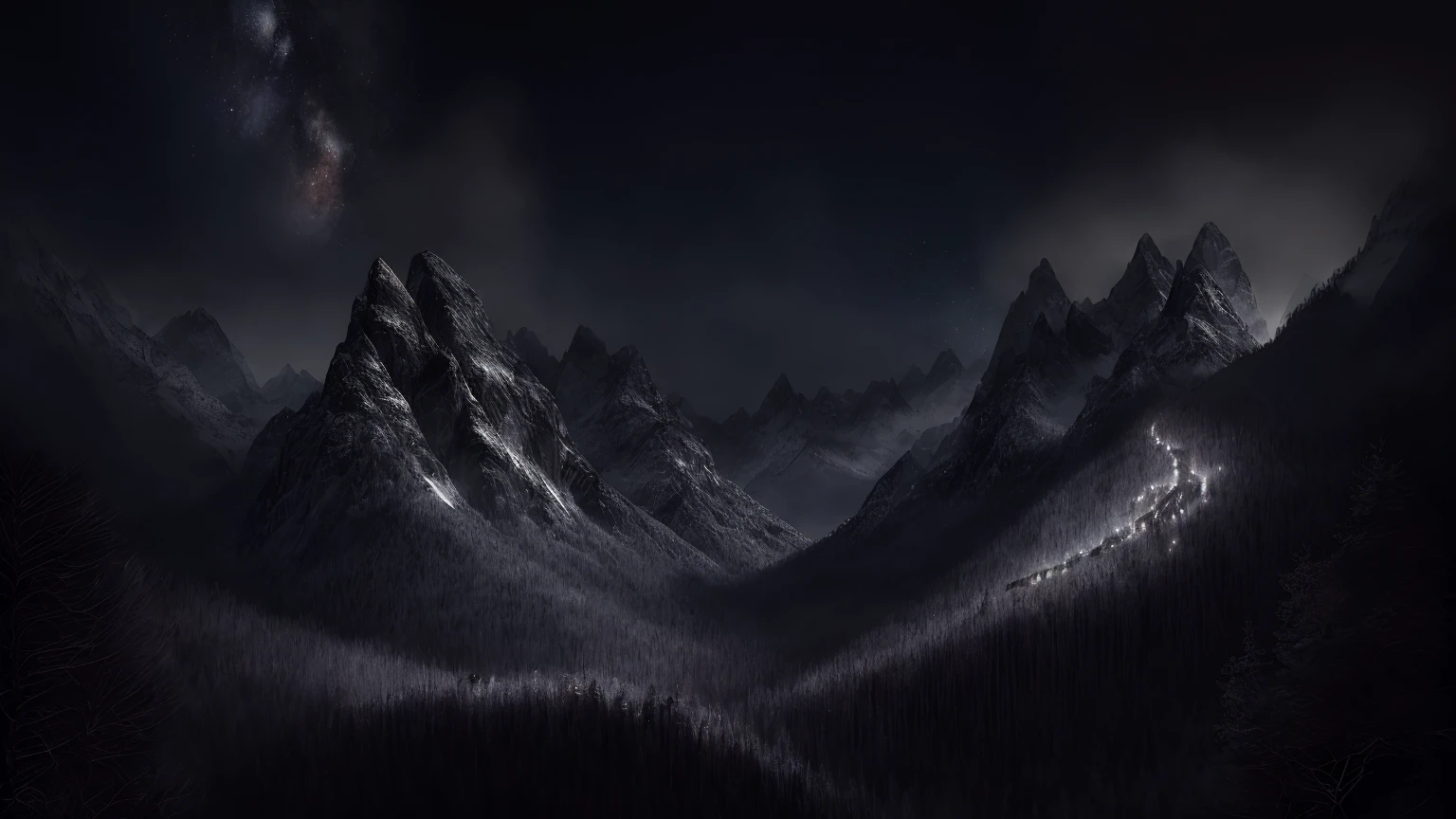 best quality,ultra-detailed,realistic landscape,masterpiece:1.2,night scene,forest silhouette,majestic mountains,calm and serene,peaceful ambiance,twinkling lights,subtle reflections,deep tranquility,soft color palette,subdued tones,dreamlike quality splendid composition,quiet contemplation,mesmerizing beauty,immersive experience,spellbinding charm,moment of solitude,breathtaking stillness,limitless wonder,soul-stirring sight,

