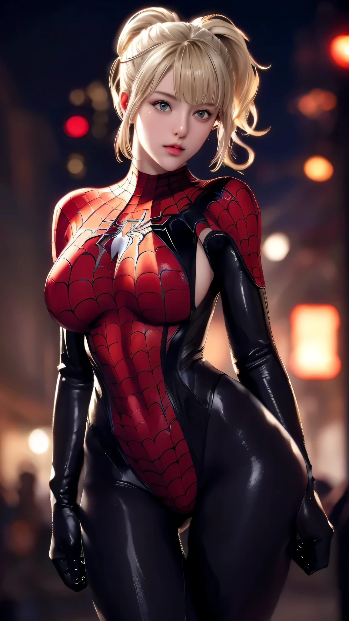 (((blonde hair, Bangs, hair accessories, ponytail, yellow eyes, orange eyes, hair between eyes,(((Denia,spider man,spider man服装,spider tights,(red cloak:1.2), ))),(((wide hips))),S-shaped body:1.7))),((masterpiece)),high resolution, ((Best quality at best)),masterpiece,quality,Best quality,((( Exquisite facial features,looking at the audience,There light in the eyes,Ha ha,confidence ))),(((Light and shadow interlace,huge))),(((city background,赛博city background)))
