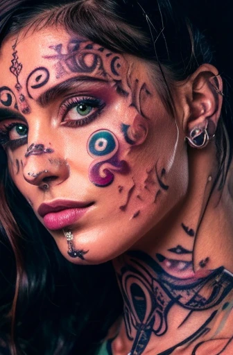 a heavily tattooed nude woman,beautiful detailed eyes,beautiful detailed lips,extremely detailed face,longeyelashes,beautiful intricate tattoos covering entire body,hyperrealistic,8k,high quality,masterpiece,digital art,photorealistic,dramatic lighting,moody atmosphere,dramatic shadows,cool color tones,cinematic lighting