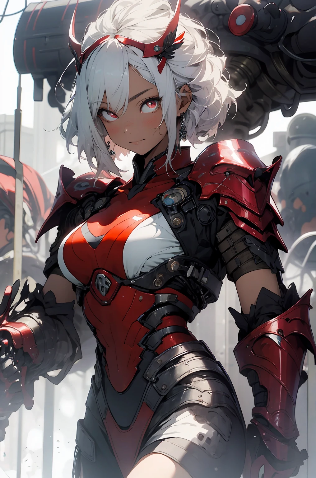 make it realistic,(masterpiece,highest quality,highest quality,very detailed,fractal art,most detailed,(The background is a fashion show:1.5)(1 girl),Kamimei,(hair length),(Shining red eyes and beautiful white hair、big breasts,abs,I made a mistake),crystal,high leotard,sexually,mechanical armor、Blake、wearing a kimono、Japanese clothing