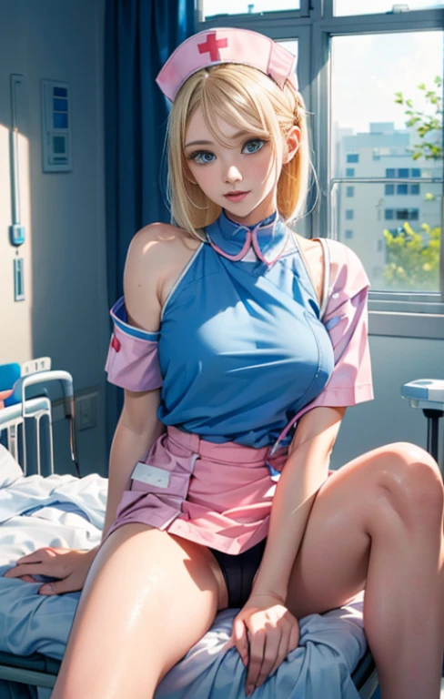 (masterpiece),(highest quality:1.2),1 girl,(Masseter muscle part:1.3),exquisite details, highest qualityの8K解像度, super detailed, realistic, Bright colors, soft tones, With warm and gentle lighting, (pink nurse uniform:1.3), (blonde shoulder length hair:1.5),(middle parted hair:1.3),(shining hair),(blue eyes:1.3), big breasts, white skin, Barrette, (hospital room:1.3), (NFSW:1.4), Sit with your legs spread:1.5