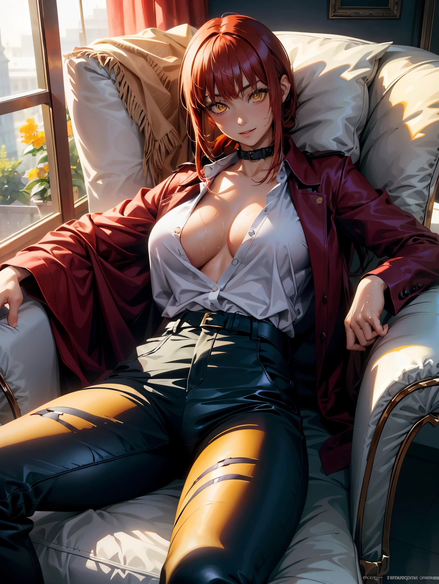 (masterpiece, Best quality:1.2), One, 1 girl, Red hair, yellow eyes, Unbuttoned shirt with collar, black unbuttoned trousers, Широкие Hips, very detailed beautiful face and eyes, beautiful skin, wet, ruddy, Perfect anatomical smile, Bright sunlight, Hips, широкие Hips, is sitting, armchair, spread legs, Атлетические Hips, erotica, shiver, full body, curvy, пухленькая, perfect body, big breasts, sweat, Relaxed, cum on face