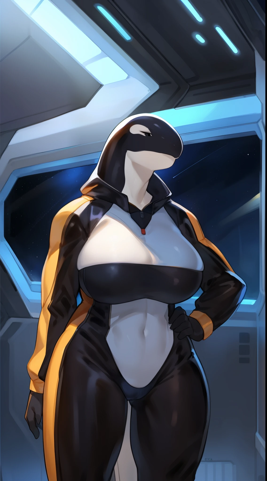 by buta99, by bebebebebe, by chelodoy, solo, female, standing, big breasts, muscular, buff, large, big, massice, biceps, tall, black spacesuit, spaceship, space, window, blue comet, blue lighting, snout, big snout, cameltoe, orca, killer whale, black body, black eyes,