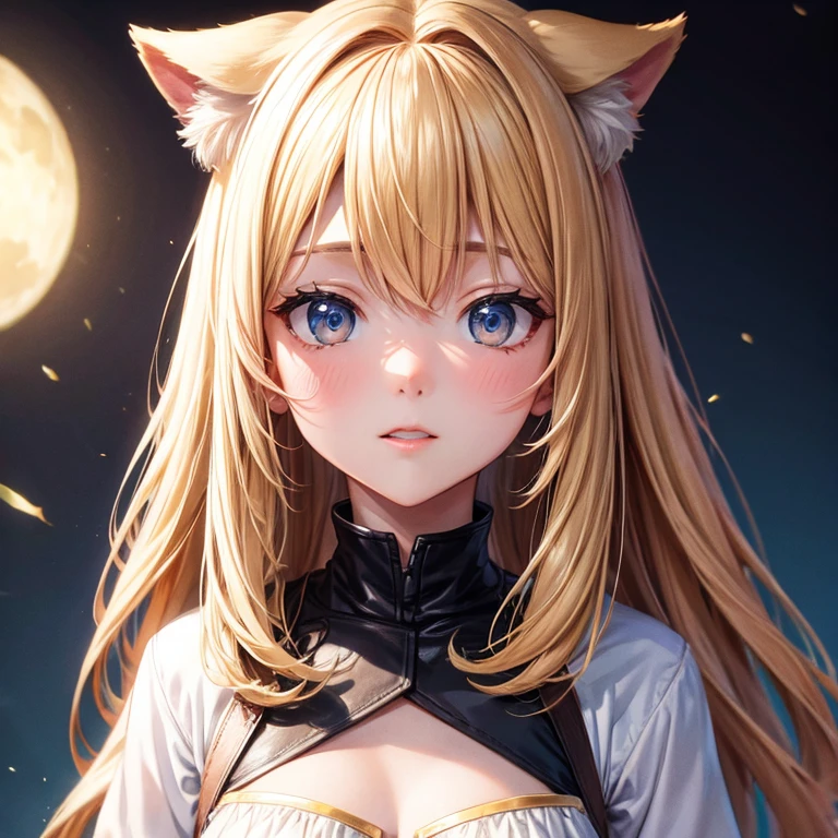  (Official art、Best Quality、Unity 8k Wallpapers、32K、masterpiece、ultra-detailliert、超A high resolution、The best illustrations、Very ridiculous:1.2), Goldie, dog ear, blonde hair, long hair, white dress, blush face, 23year old female, background under pale Moonlight, (Cinematic lighting:1.2)