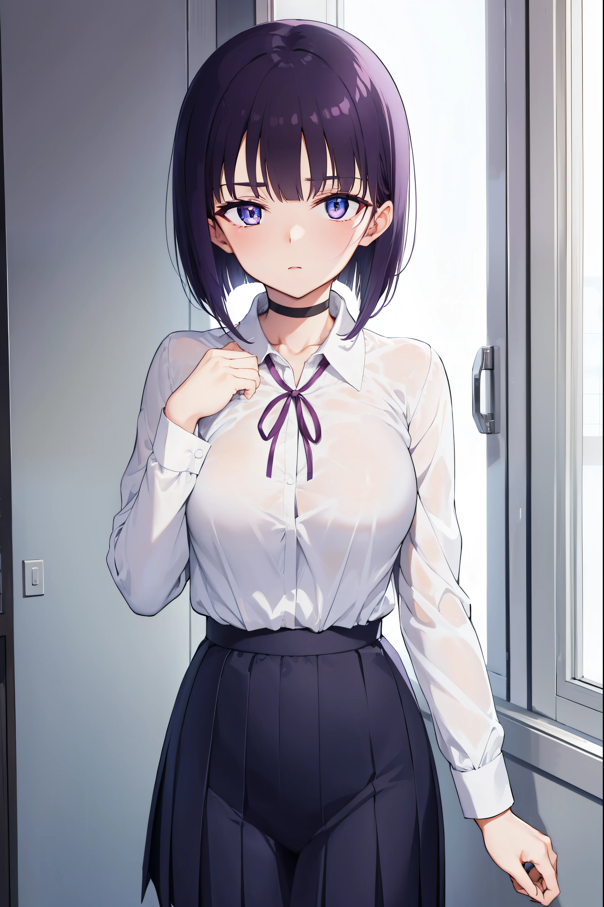 miyabisenpai, miyabi senpai, short hair, bangs, purple hair, (purple eyes:1.1),
BREAK skirt, shirt, long sleeves, ribbon, school uniform, pleated skirt, choker, collared shirt, neck ribbon, black choker,
BREAK indoors, classroom,
BREAK looking at viewer, (cowboy shot:1.5),
BREAK (masterpiece:1.2), best quality, high resolution, unity 8k wallpaper, (illustration:0.8), (beautiful detailed eyes:1.6), extremely detailed face, perfect lighting, extremely detailed CG, (perfect hands, perfect anatomy),