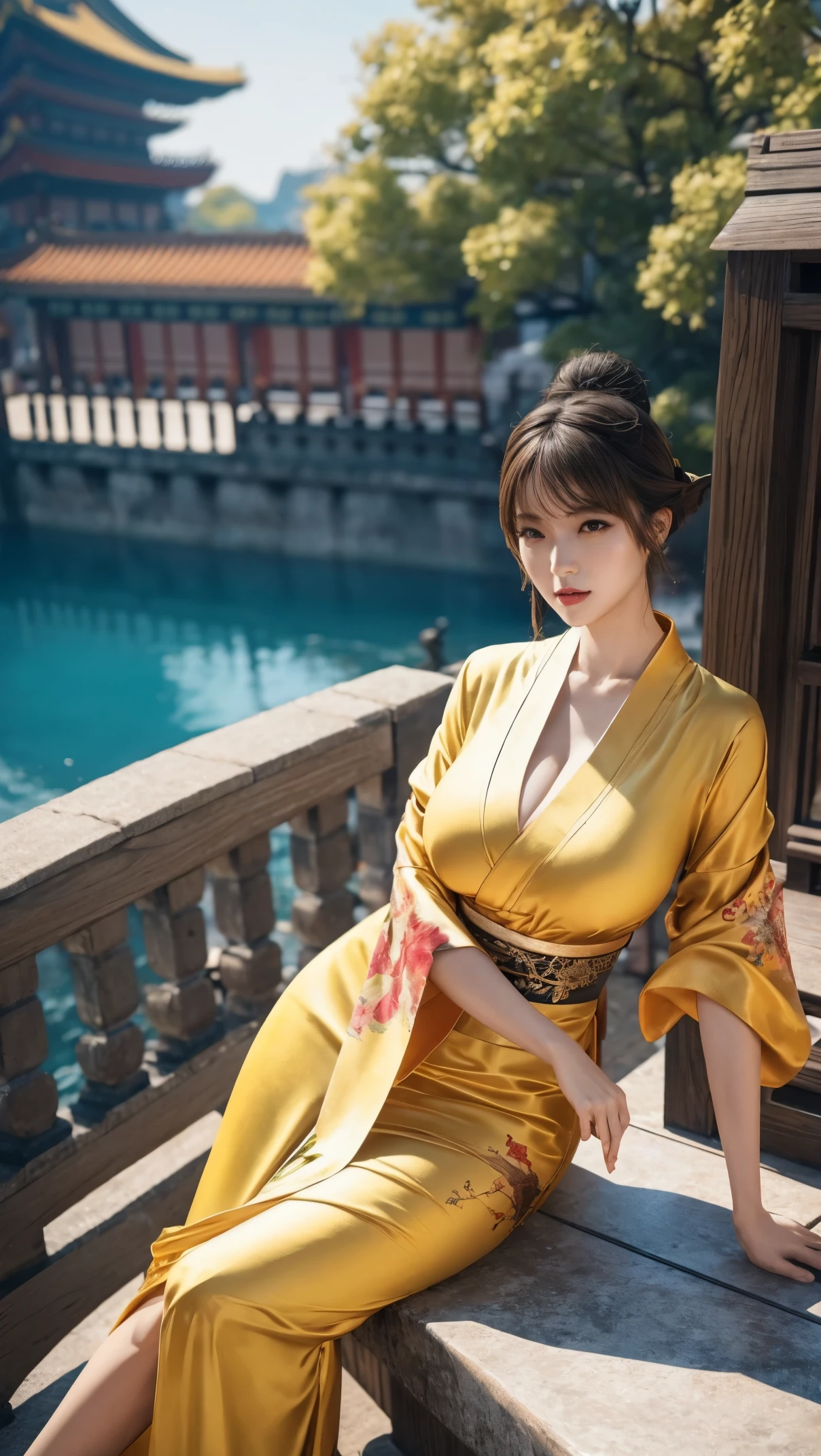 araffe woman in a sexy yellow kimono sitting on a ledge, palace ， a girl in hanfu, realistic anime 3 d style, artwork in the style of guweiz, beautiful character painting, 3 d anime realistic, trending on cgstation, anime styled 3d, wearing ancient sexy chinese clothes, chinese girl, artgerm and atey ghailan, big breasts, perfect body 