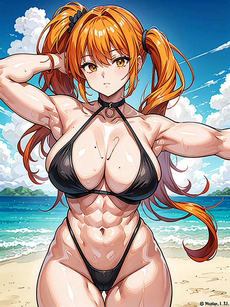 （（（masterpiece、Highest image quality、highest quality、highly detailed unity 8ｋwallpaper）））、（（Illustration of one girl））、（（（beautiful girl）））、（（orange hair、side ponytail、sidelocks：1.2、orange eyes））、（（stocky build, thickset physique：1.3, muscular legs, broad shoulders, solid ?????：1.2）））、swimsuit、sandy beach