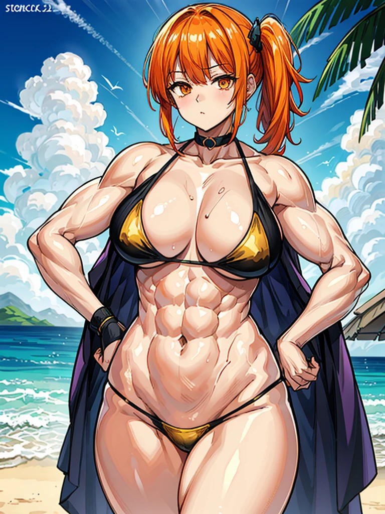 （（（masterpiece、Highest image quality、highest quality、highly detailed unity 8ｋwallpaper）））、（（Illustration of one girl））、（（（beautiful girl）））、（（orange hair、side ponytail、sidelocks：1.2、orange eyes））、（（stocky build, thickset physique：1.3, muscular legs, broad shoulders, solid chest：1.2）））、swimsuit、sandy beach