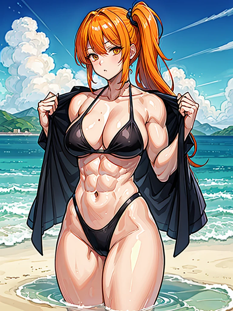 (((masterpiece、Highest image quality、highest quality、highly detailed unity 8kwallpaper)))、((Illustration of one girl))、(((beautiful girl)))、((orange hair、side ponytail、sidelocks:1.2、orange eyes))、((stocky build, thickset physique:1.3, muscular legs, broad shoulders, solid chest:1.2)))、swimsuit、sandy beach