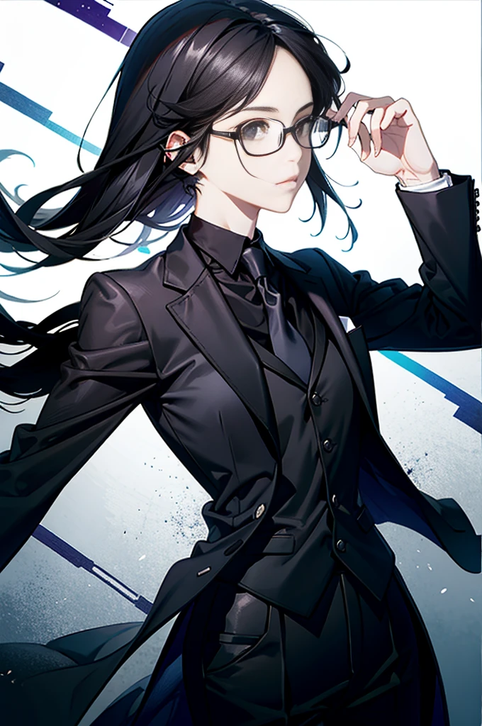 black business suit, glasses,