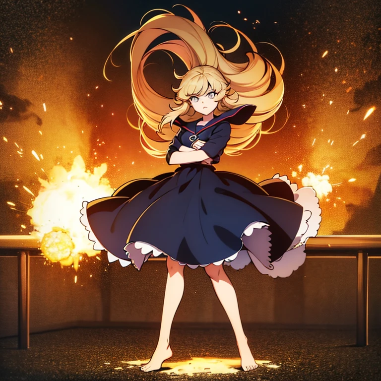 Personagem feminino de *******, average size,cabelo longo,cheio e ondulado de cor castanho escuro, seus olhos castanhos escuro, cor da pele parda, de seios pequenos,mestra de bombas/explosions in anime version, full body image and all the character&#39;s reactions and positions and create her name that means friendship/companion or vision of beauty.