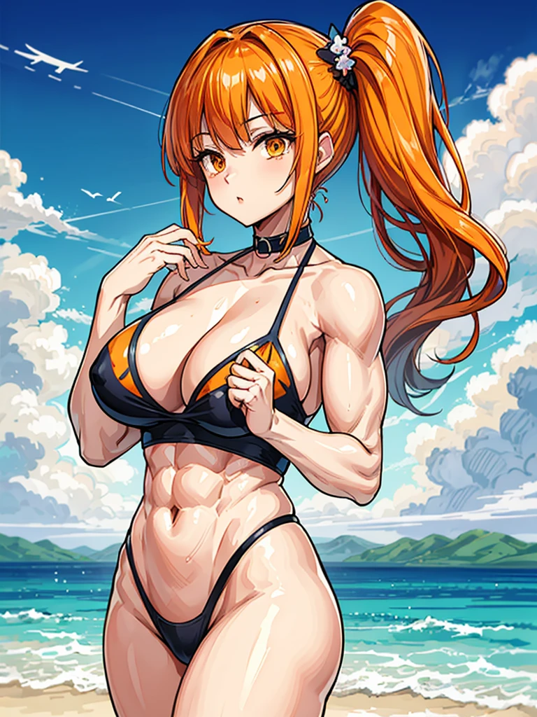 (((masterpiece、Highest image quality、highest quality、highly detailed unity 8kwallpaper)))、((Illustration of one girl))、(((beautiful girl)))、((orange hair、side ponytail、sidelocks:1.2、orange eyes))、((stocky build, thickset physique:1.3, muscular legs, broad shoulders, solid chest:1.2)))、swimsuit、sandy beach