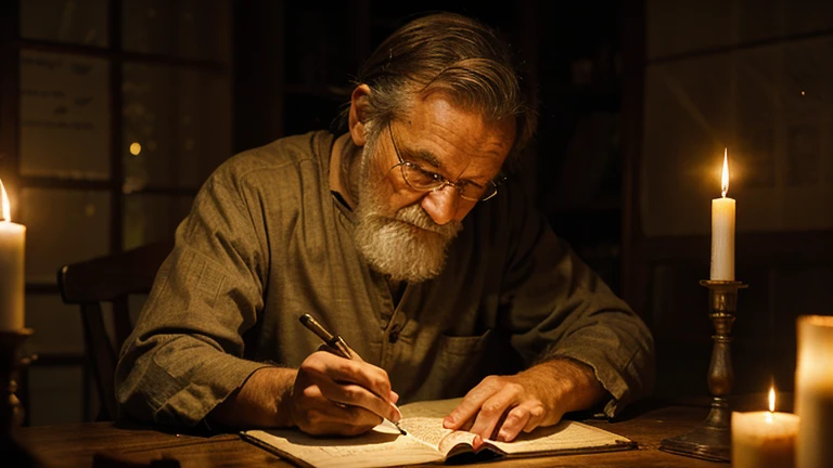 Scene of an old man studying scrolls by candlelight.
