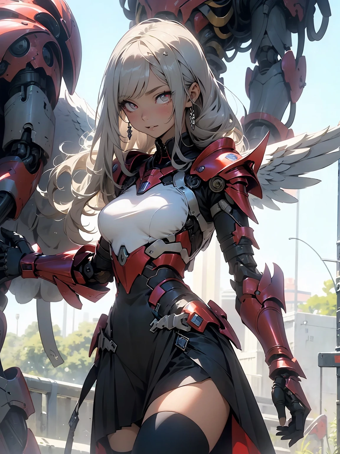 (delicate manga style:1.1), cool beauty, (one woman:1.0), (20-year-old:1.0), (small breasts:1.2),fractal art、 outdoor, Day, sunny, over european cities, (wide shot:1.0), (written boundary depth:1.1), (From the side:0.7),break、(anime face:1.0), (deep red eyes:1.0), (Cybernetic Genoid:1.1), (Highly detailed mech armor:1.3), (black gothic cuirass:1.2), (long silver hair:1.0), (black luxury wizard dress skirt:1.3), (decorative embroidery:1.0), (angel wings:1.1), closed mouth、Day焼けした肌