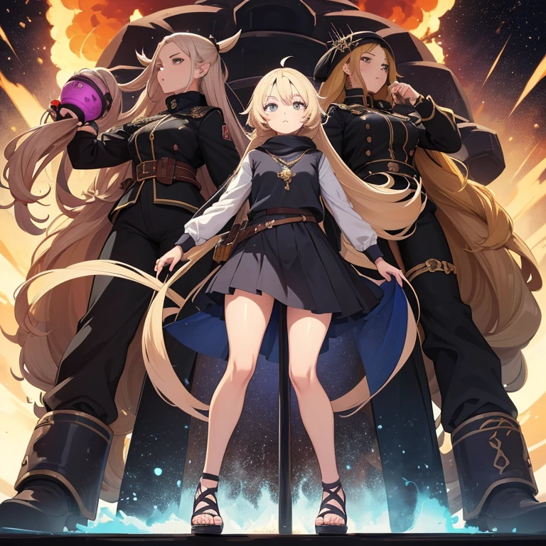 Personagem feminino de 16 anos, average size,cabelo longo,cheio e ondulado de cor castanho escuro, seus olhos castanhos escuro, cor da pele parda, de seios pequenos,mestra de bombas/explosions in anime version, full body image and all the character&#39;s reactions and positions and create her name that means friendship/companion or vision of beauty.
