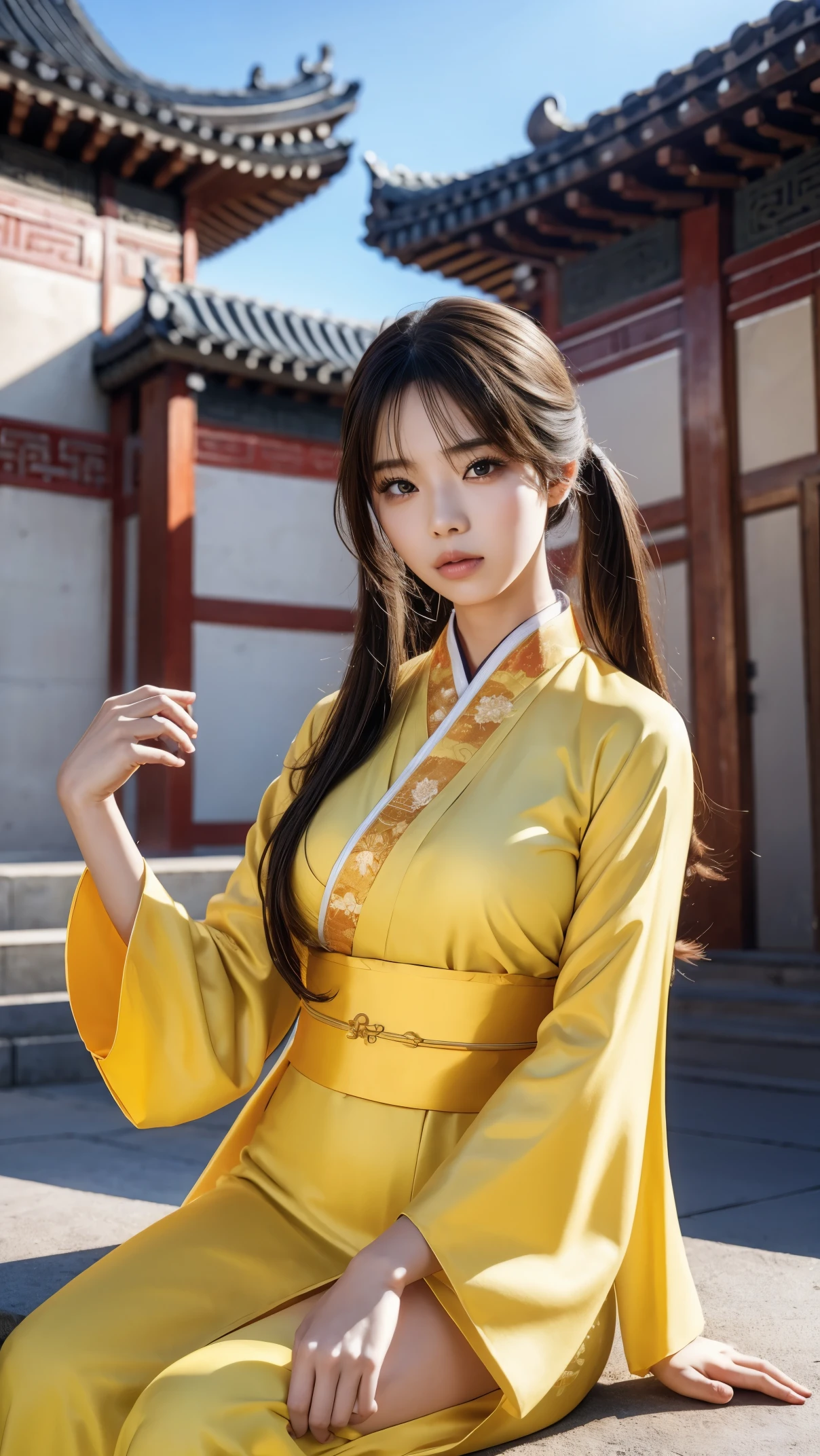 araffe woman in a sexy yellow kimono sitting on a ledge, palace ， a girl in hanfu, realistic anime 3 d style, artwork in the style of guweiz, beautiful character painting, 3 d anime realistic, trending on cgstation, anime styled 3d, wearing ancient sexy chinese clothes, chinese girl, artgerm and atey ghailan, big breasts, perfect body 