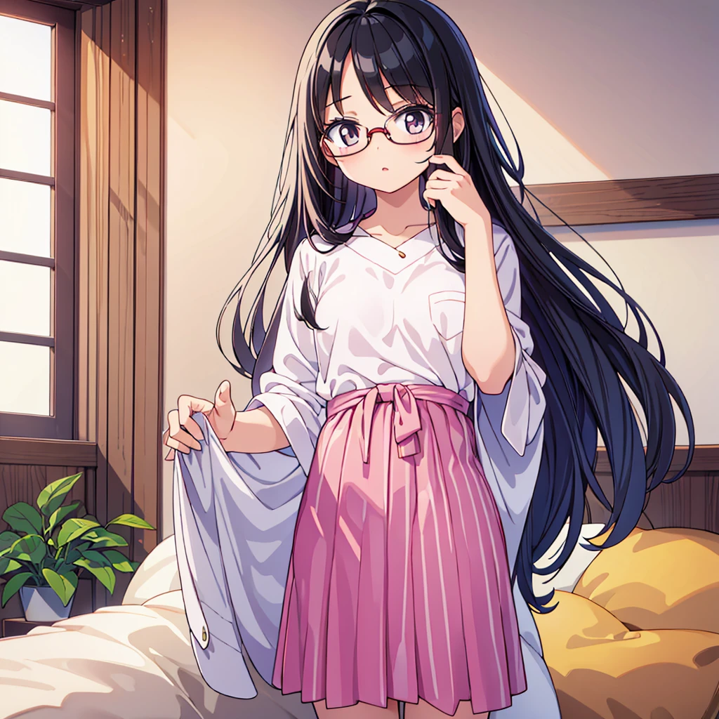 An illustration of a beautiful junior high school girl with straight long black hair and glasses who has a youthful body and is changing clothes in pale pink underwear.