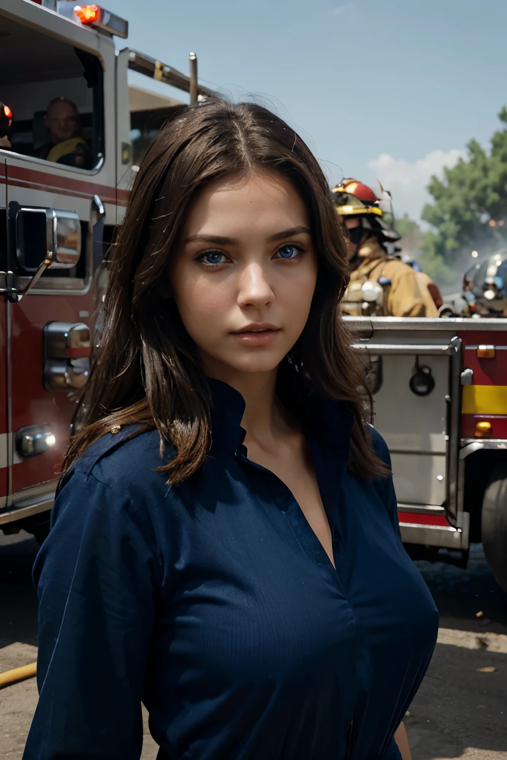 Create an RPG-style scene of a beautiful brunette woman with blue eyes alongside firefighters.