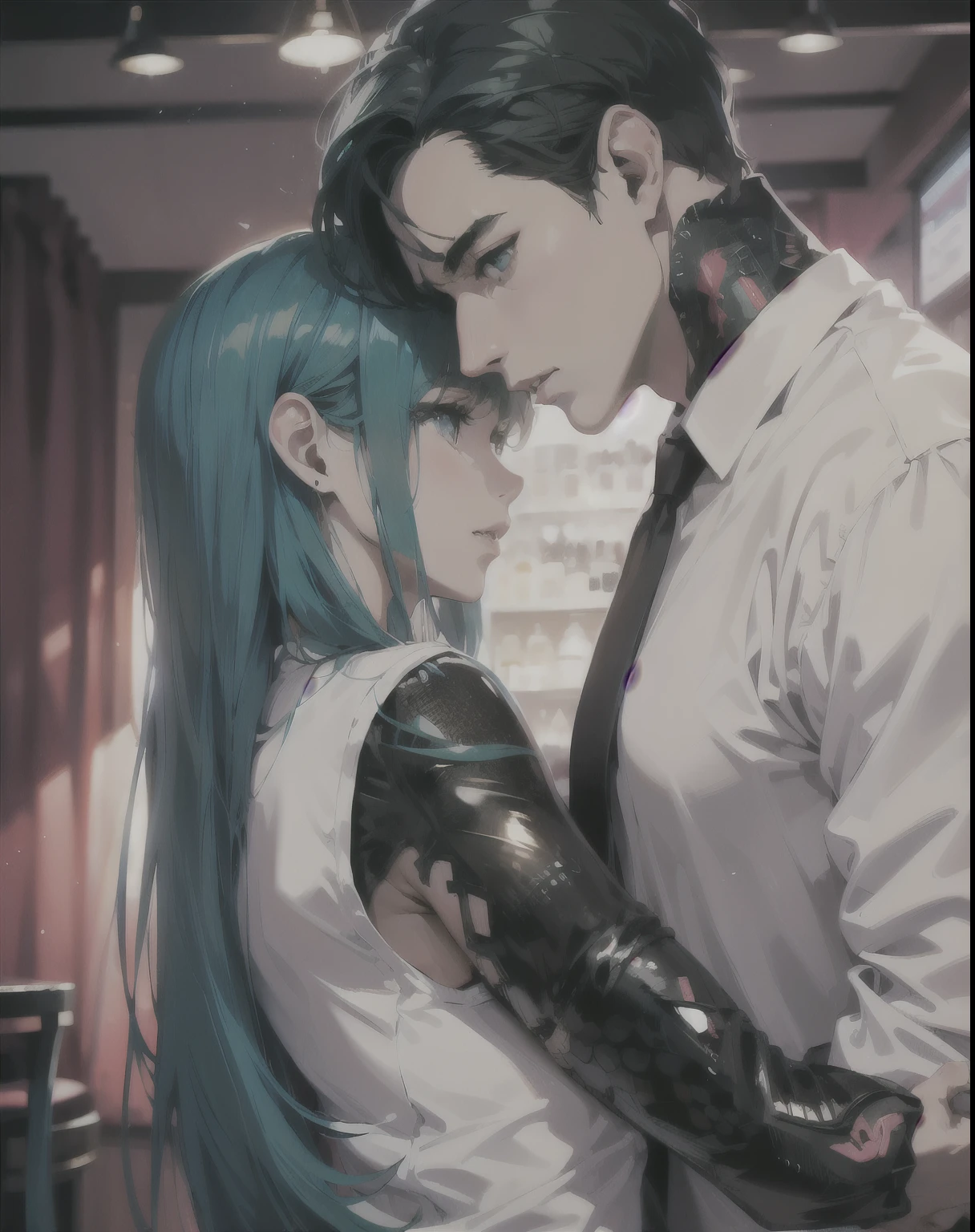 hay un hombre y una mujer (hatsune miku) uno al lado del otro en un bar, retrato, jinyoung shin, artista coreano, retrato de alta calidad, pelo negro largo ondulado, inspired por jeonseok lee, obra de arte al estilo de guweiz, por jeonseok lee, soft retrato 8 k, jingna zhang, con lentes negros