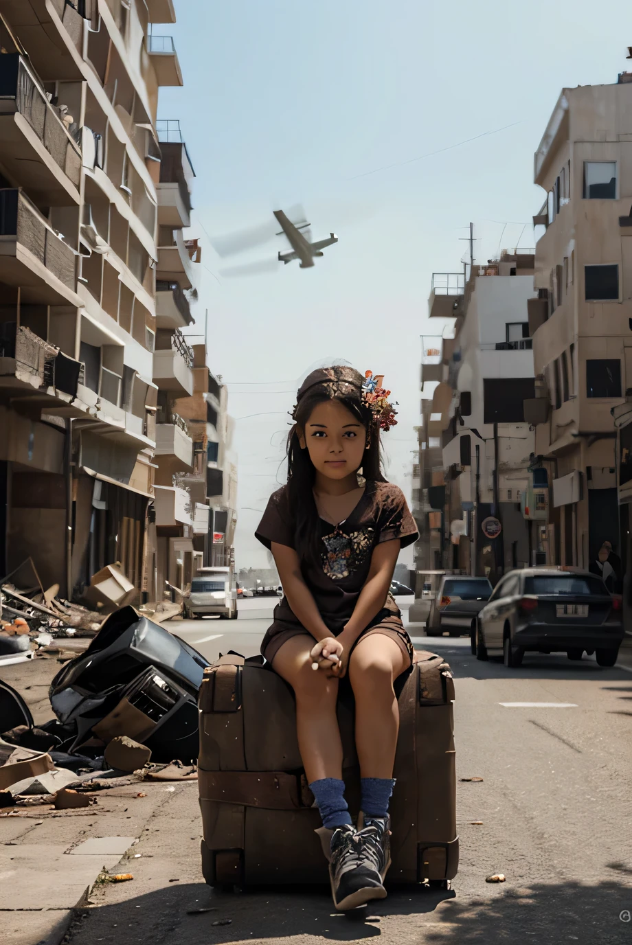 Creating a Fantasy Style Illustration., where a little girl sits in the middle of a destroyed city, and planes fly above it.