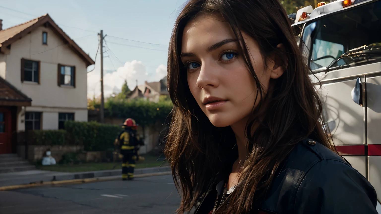Create an RPG-style scene of a beautiful brunette woman with blue eyes alongside firefighters.