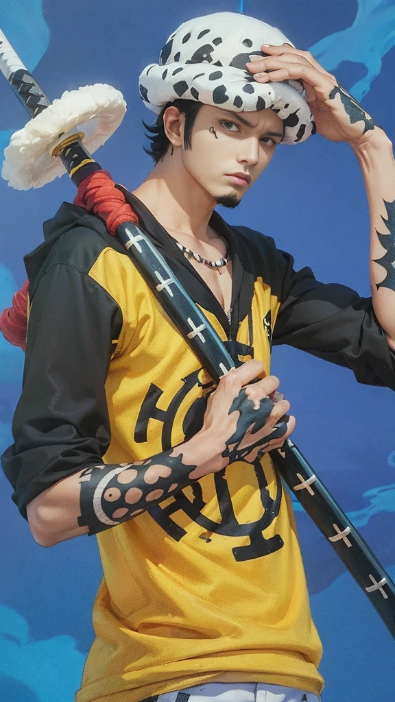 1man, trafaglar d water law in anime one piece, short hair , black hair, hat,tatto, black eyes, yellow clothes,sword , realistic clothes, handsome, , room background, ultra detail, realistic