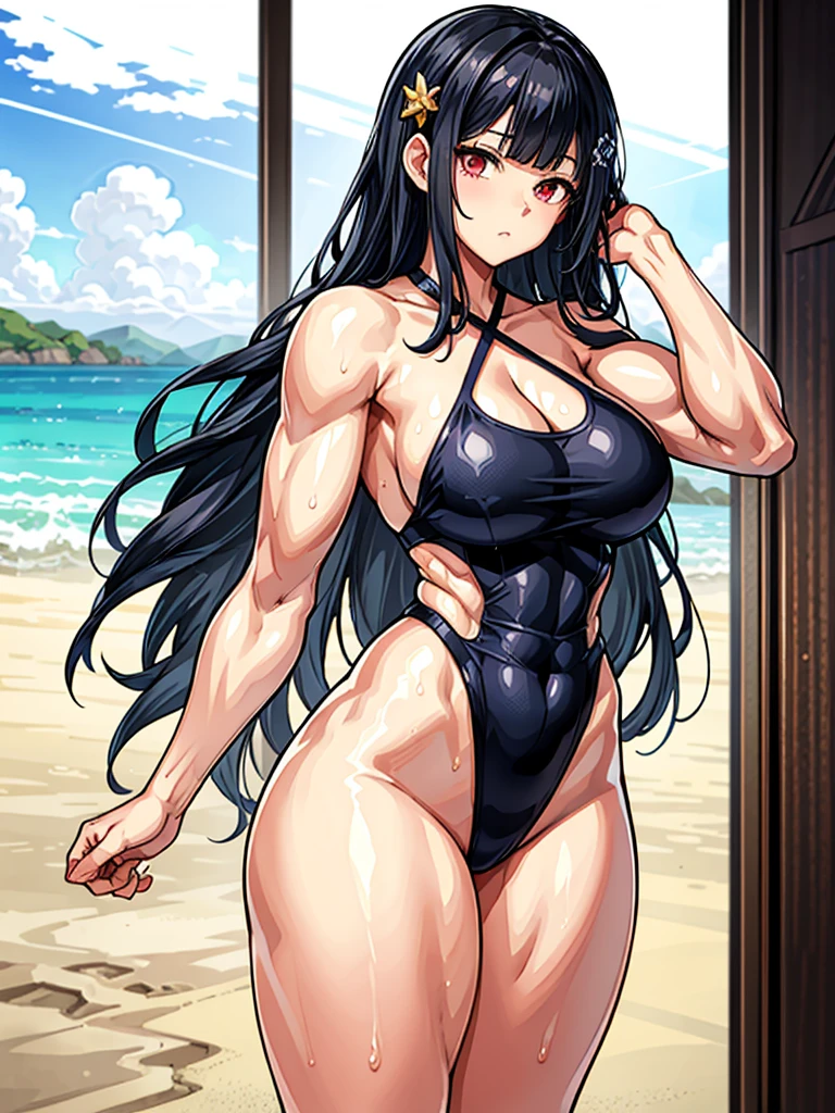（（（masterpiece、Highest image quality、highest quality、highly detailed unity 8ｋwallpaper）））、（（Illustration of one girl））、（（（beautiful girl）））、（（black hair、Very Longhair、straight：1.2、golden hair ornament、red eyes））、（tall、stocky build, thickset physique, muscular legs, broad shoulders, solid chest）、swimsuit、sandy beach